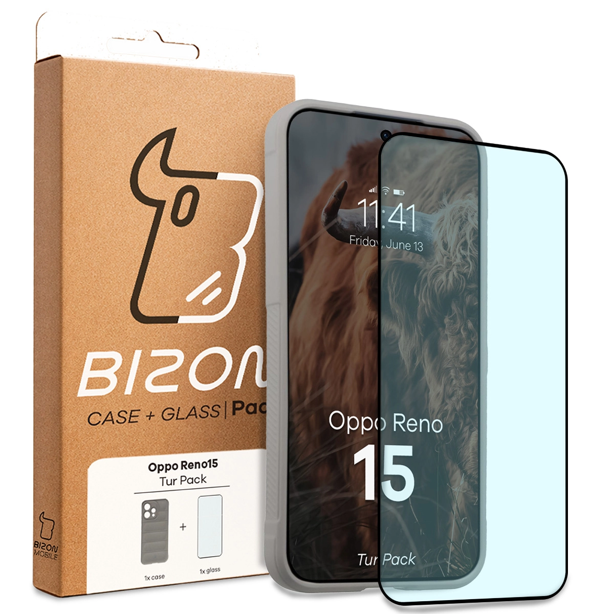 Fața cutiei Bizon Tur Pack cu eticheta dedicată pentru Oppo Reno 15