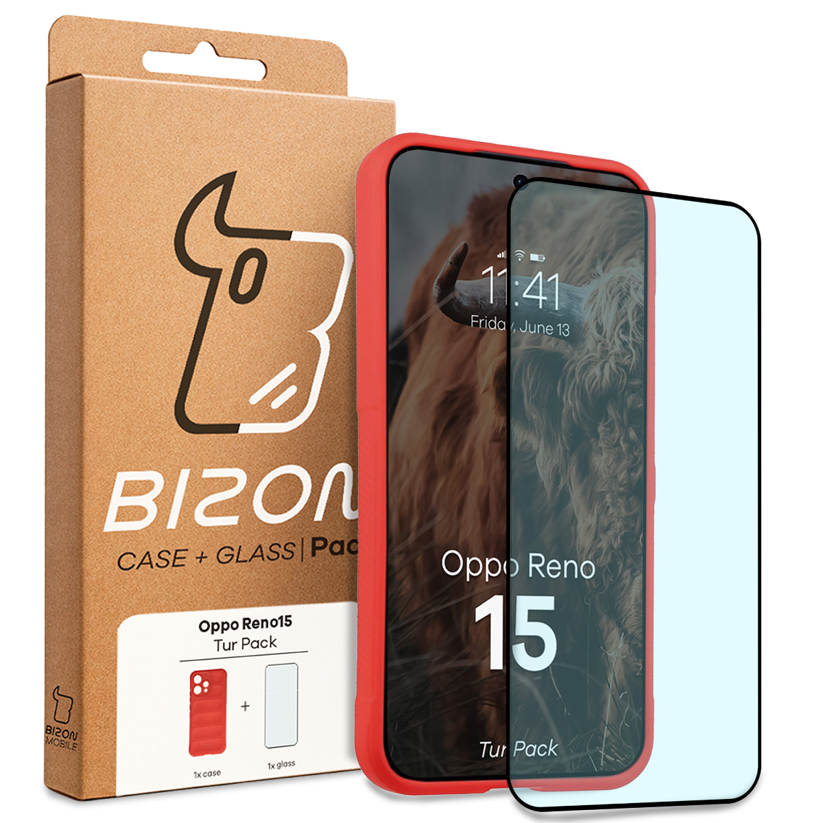 Przód pudełka Bizon Tur Pack z dedykowaną etykietą do Oppo Reno 15