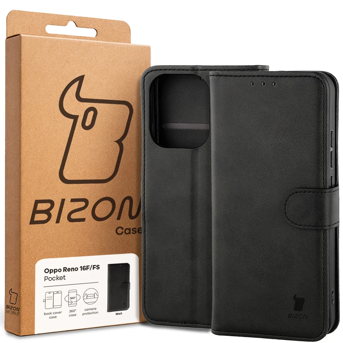 Front of the Bison Case box with a dedicated label for Oppo Reno16 F / Reno16 FS 5G