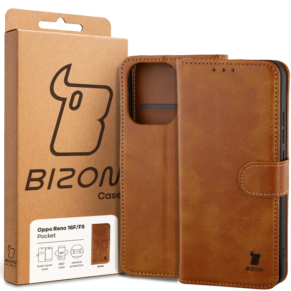 Front of the Bison Case box with a dedicated label for Oppo Reno16 F / Reno16 FS 5G