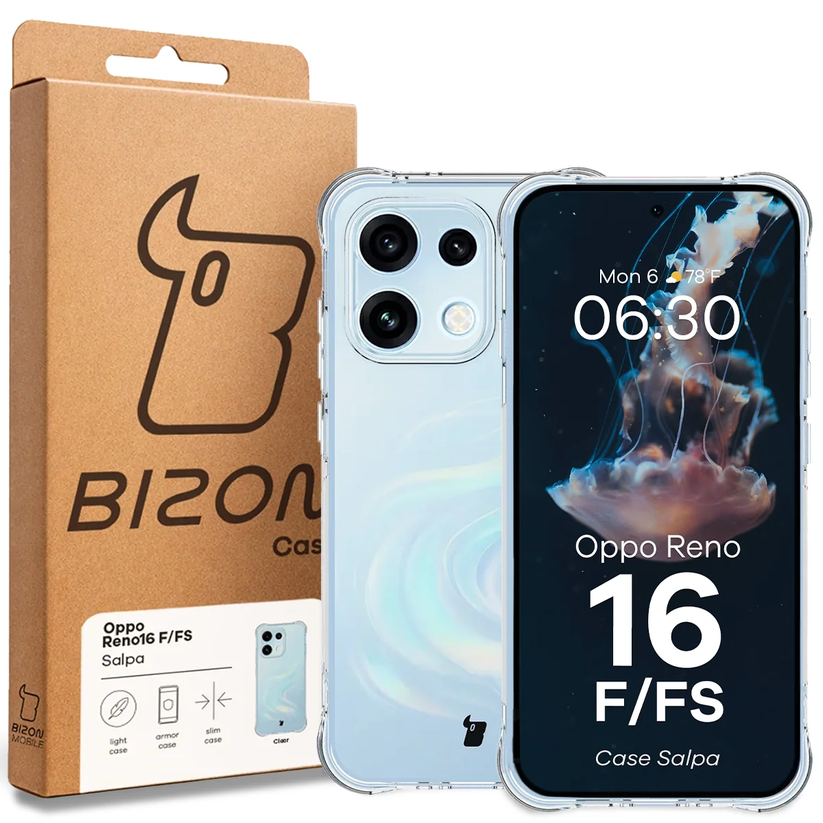 Przód pudełka Bizon Case z dedykowaną etykietą do Oppo Reno16 F / Reno16 FS 5G