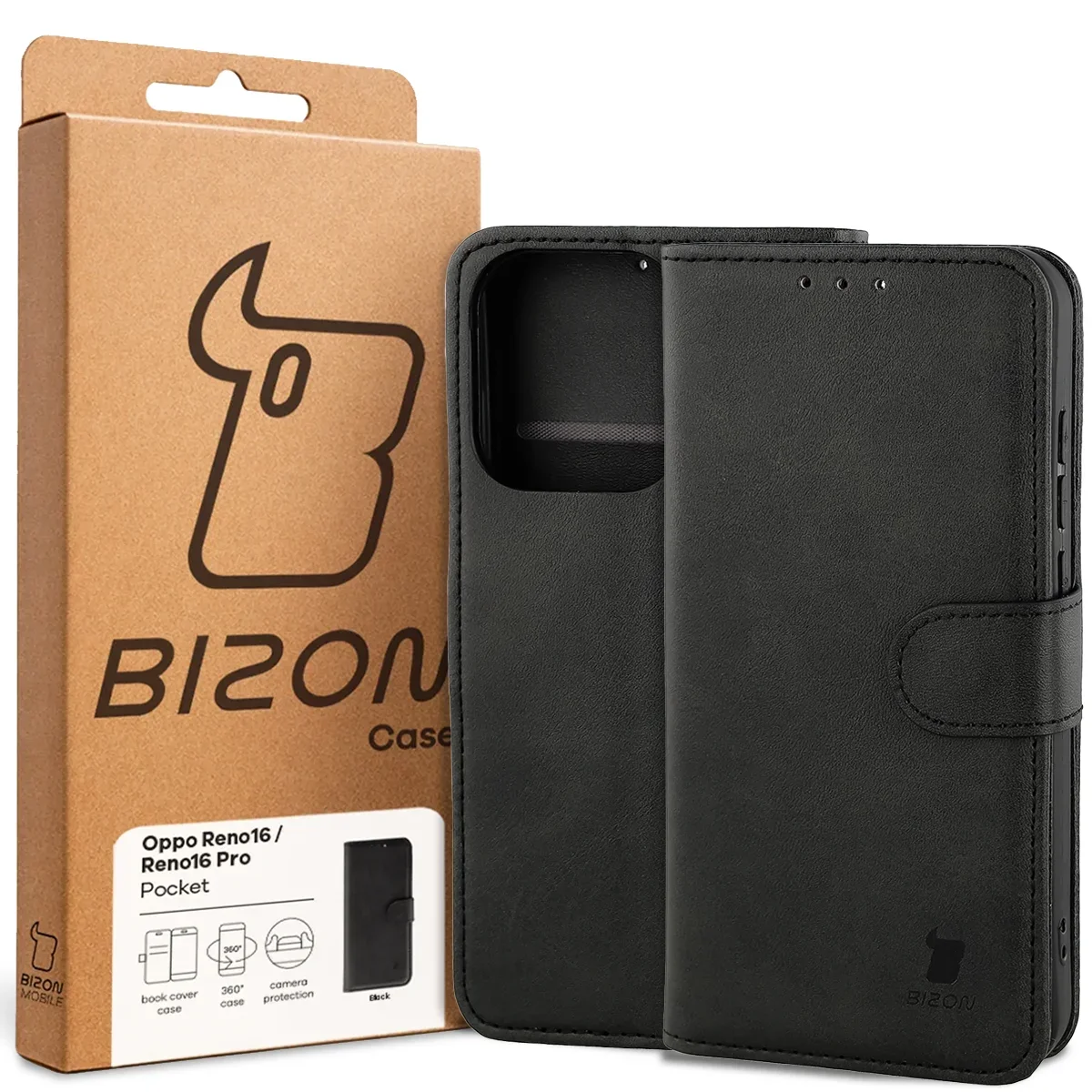 Front of the Bizon Case box with a dedicated label for Oppo Reno16 / Reno16 Pro 5G