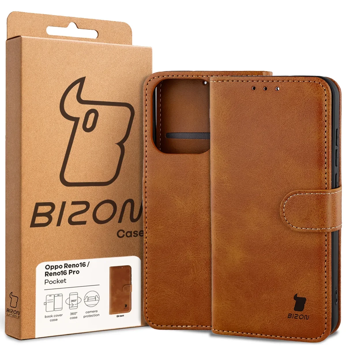 Front of the Bizon Case box with a dedicated label for Oppo Reno16 / Reno16 Pro 5G