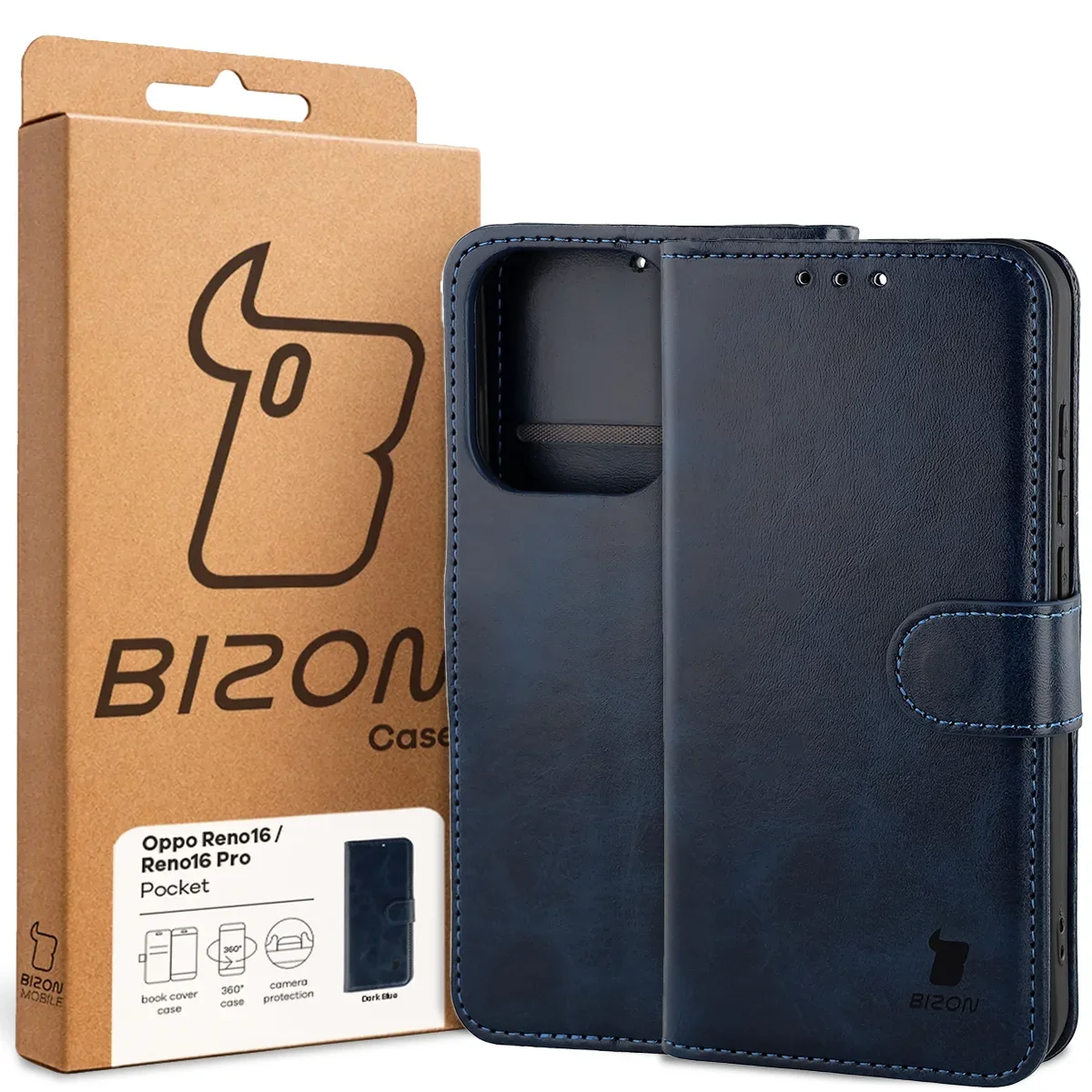 Front of the Bizon Case box with a dedicated label for Oppo Reno16 / Reno16 Pro 5G