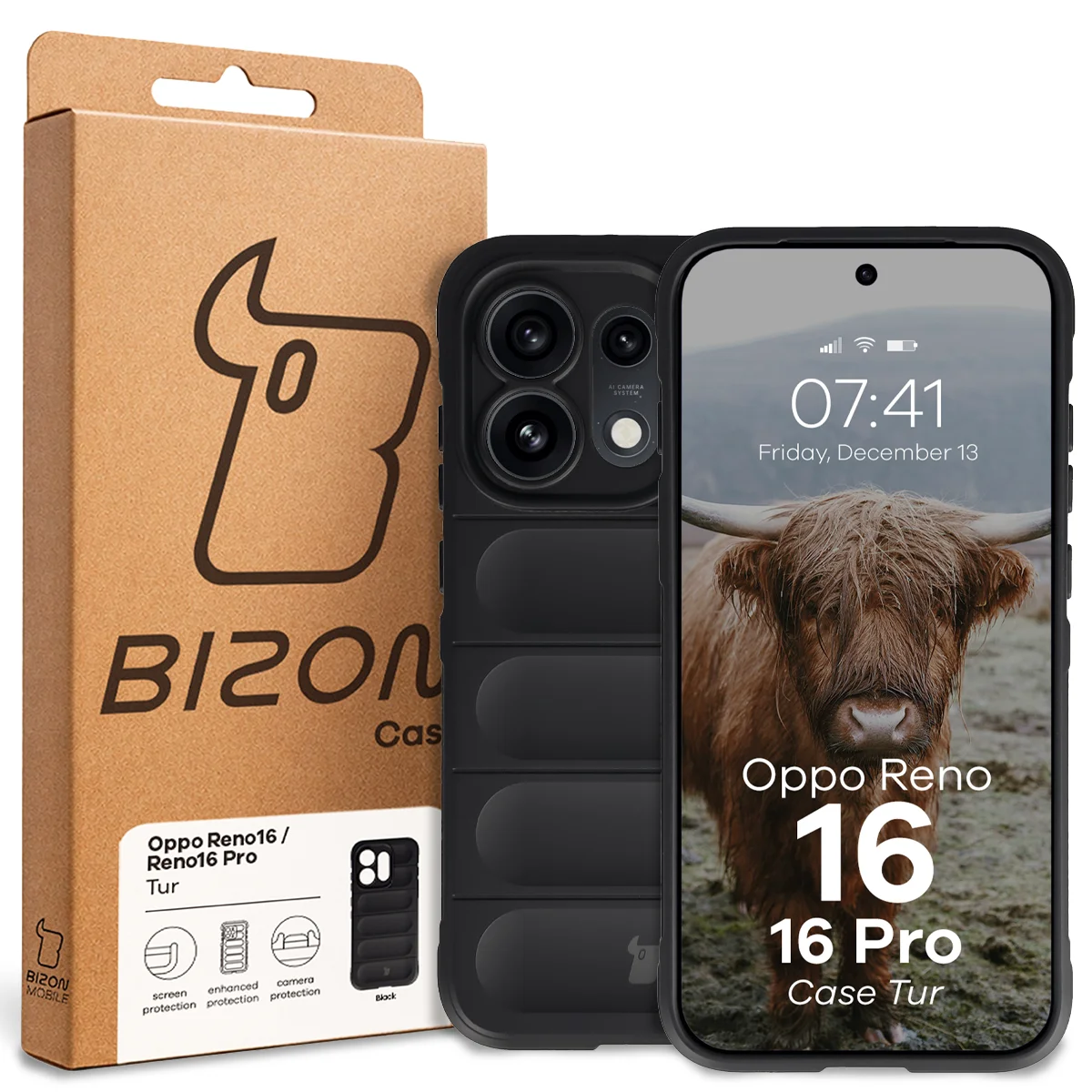 Front of the Bison Case box with a dedicated label for Oppo Reno16 / Reno16 Pro 5G