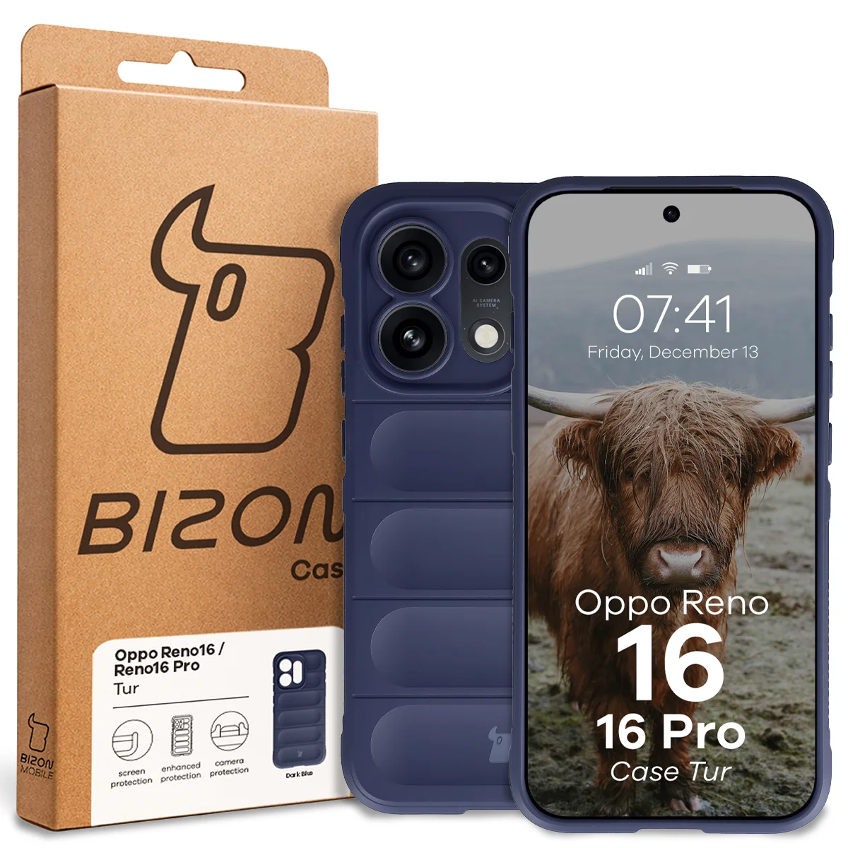 Front of the Bizon Case box with a dedicated label for Oppo Reno16 / Reno16 Pro 5G