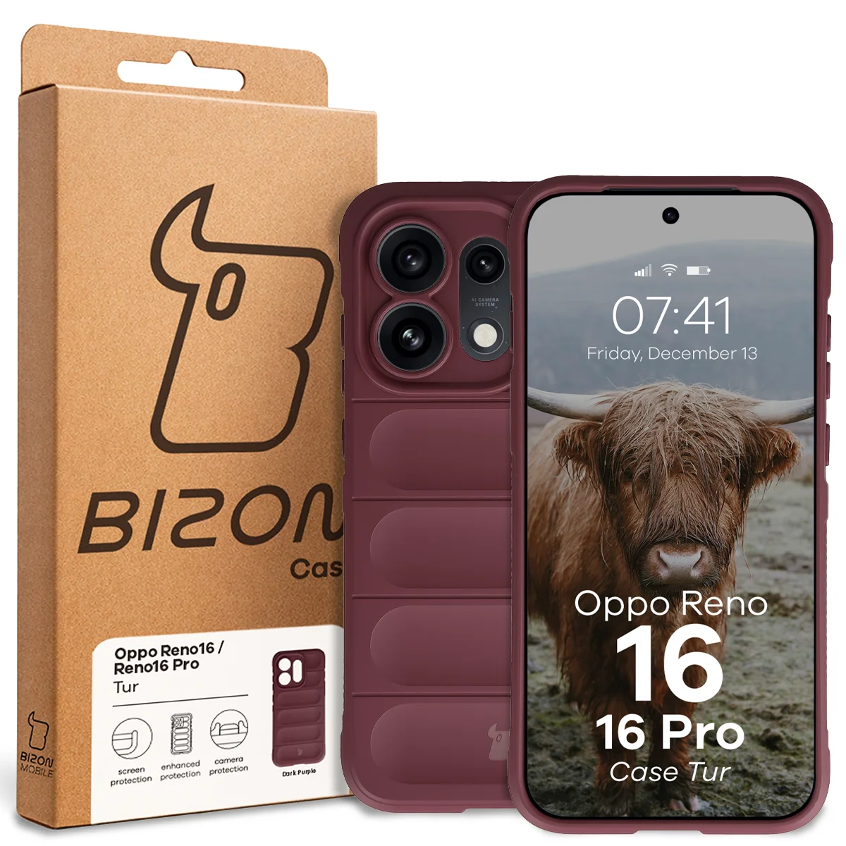 Front of the Bizon Case box with a dedicated label for Oppo Reno16 / Reno16 Pro 5G
