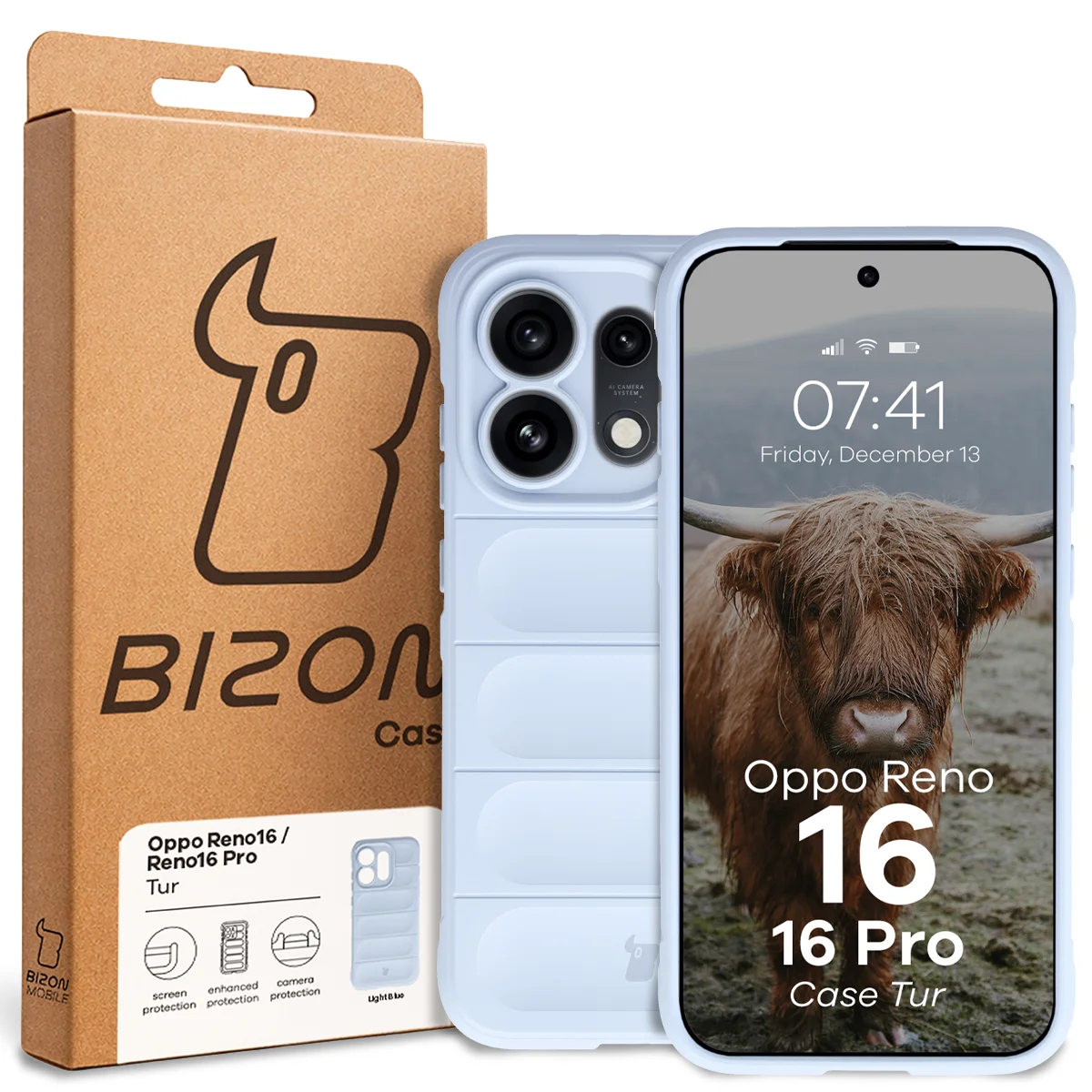 Front of the Bison Case box with a dedicated label for Oppo Reno16 / Reno16 Pro 5G