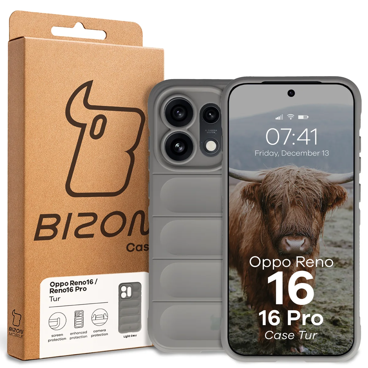 Front of the Bizon Case box with a dedicated label for Oppo Reno16 / Reno16 Pro 5G