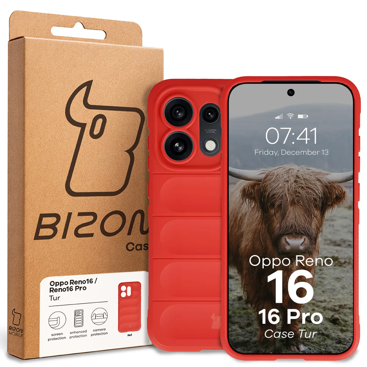 Front of the Bison Case box with a dedicated label for Oppo Reno16 / Reno16 Pro 5G