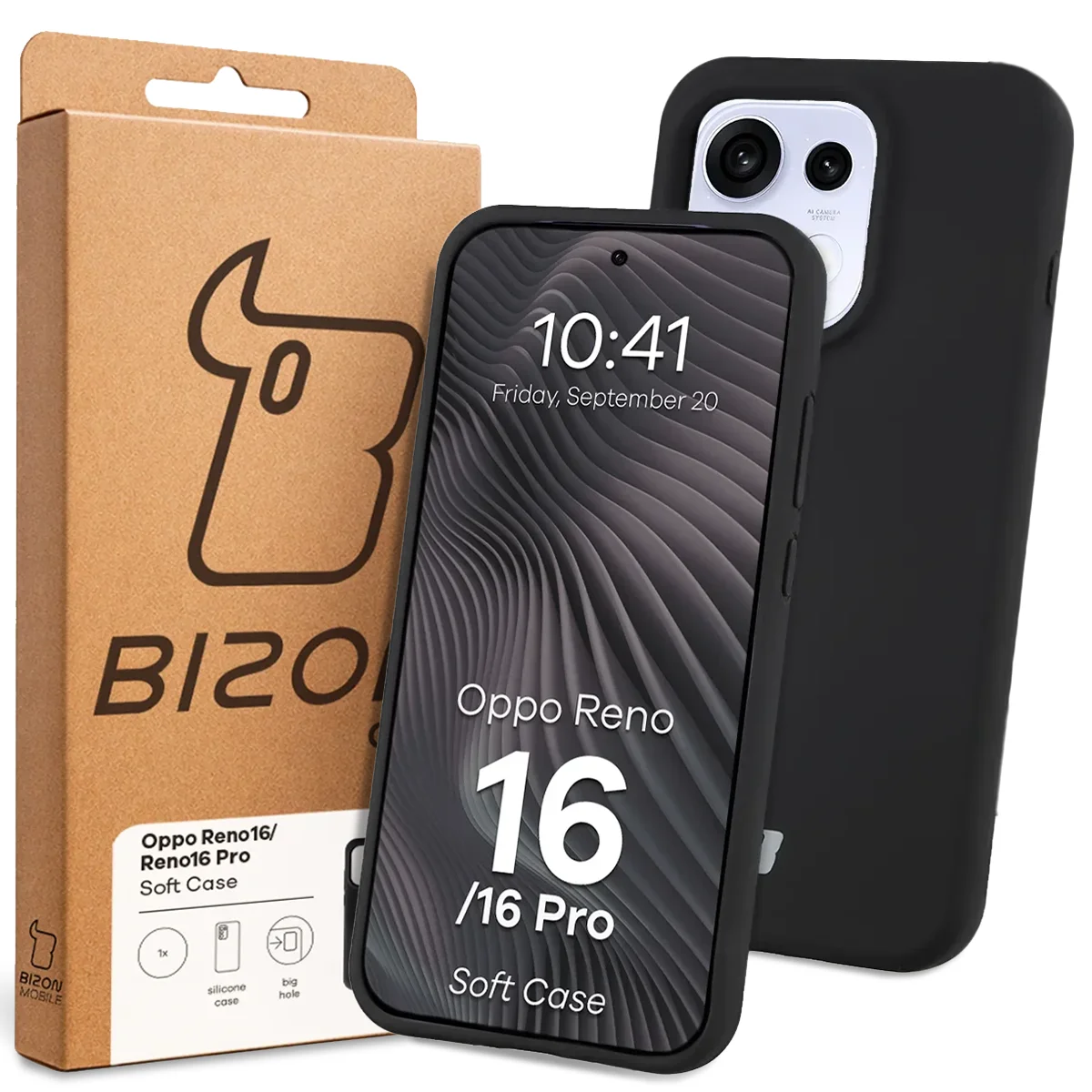 Przód pudełka Bizon Case z dedykowaną etykietą do Oppo Reno16 / Reno16 Pro 5G