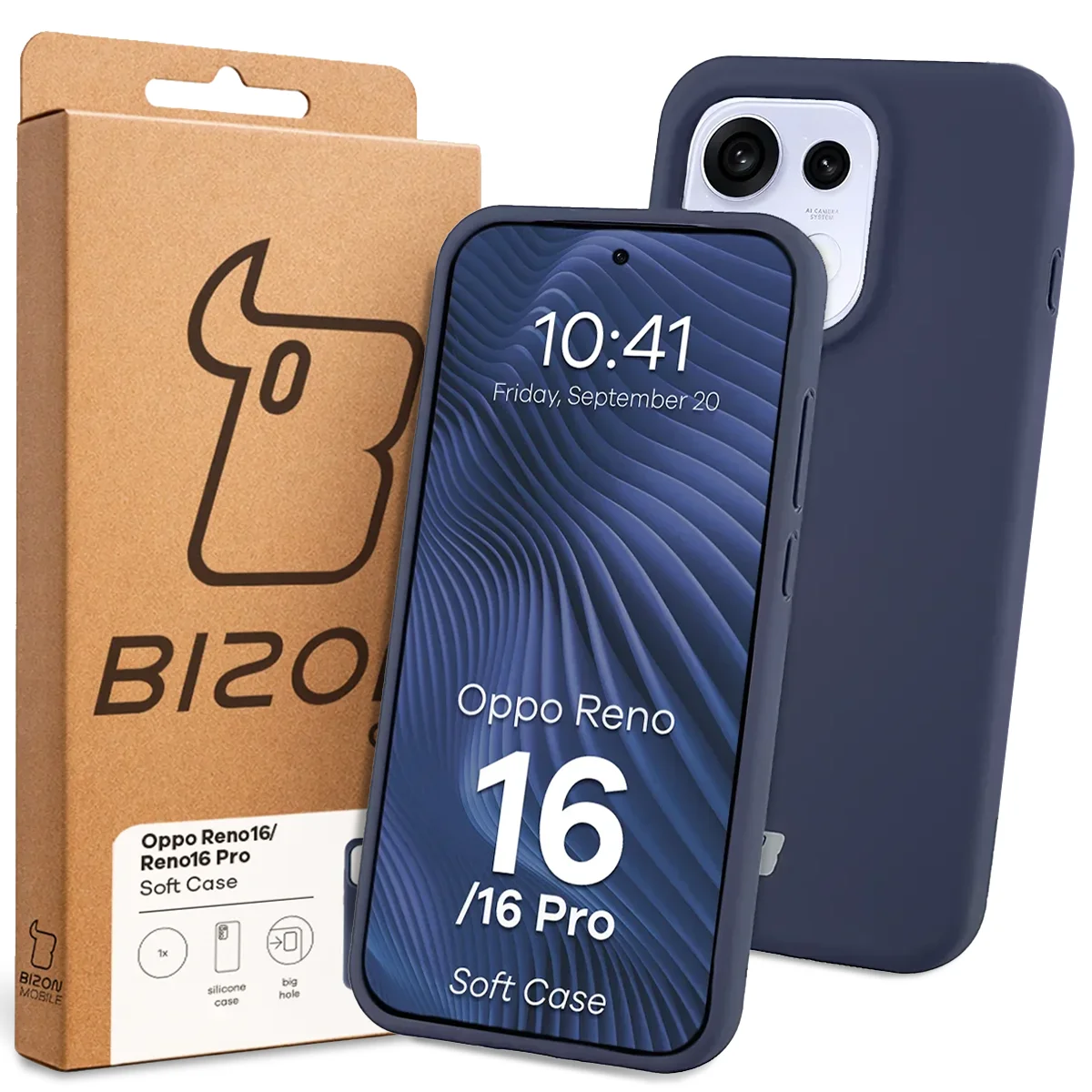 Przód pudełka Bizon Case z dedykowaną etykietą do Oppo Reno16 / Reno16 Pro 5G