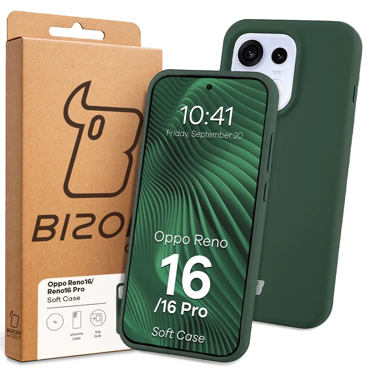 Przód pudełka Bizon Case z dedykowaną etykietą do Oppo Reno16 / Reno16 Pro 5G