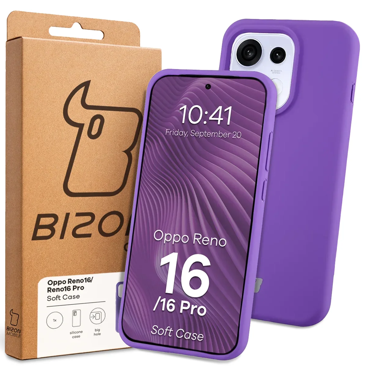 Przód pudełka Bizon Case z dedykowaną etykietą do Oppo Reno16 / Reno16 Pro 5G