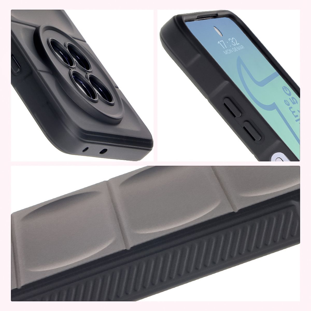 Textured sides and raised edges of the screen and camera in Bizon Case Tur case