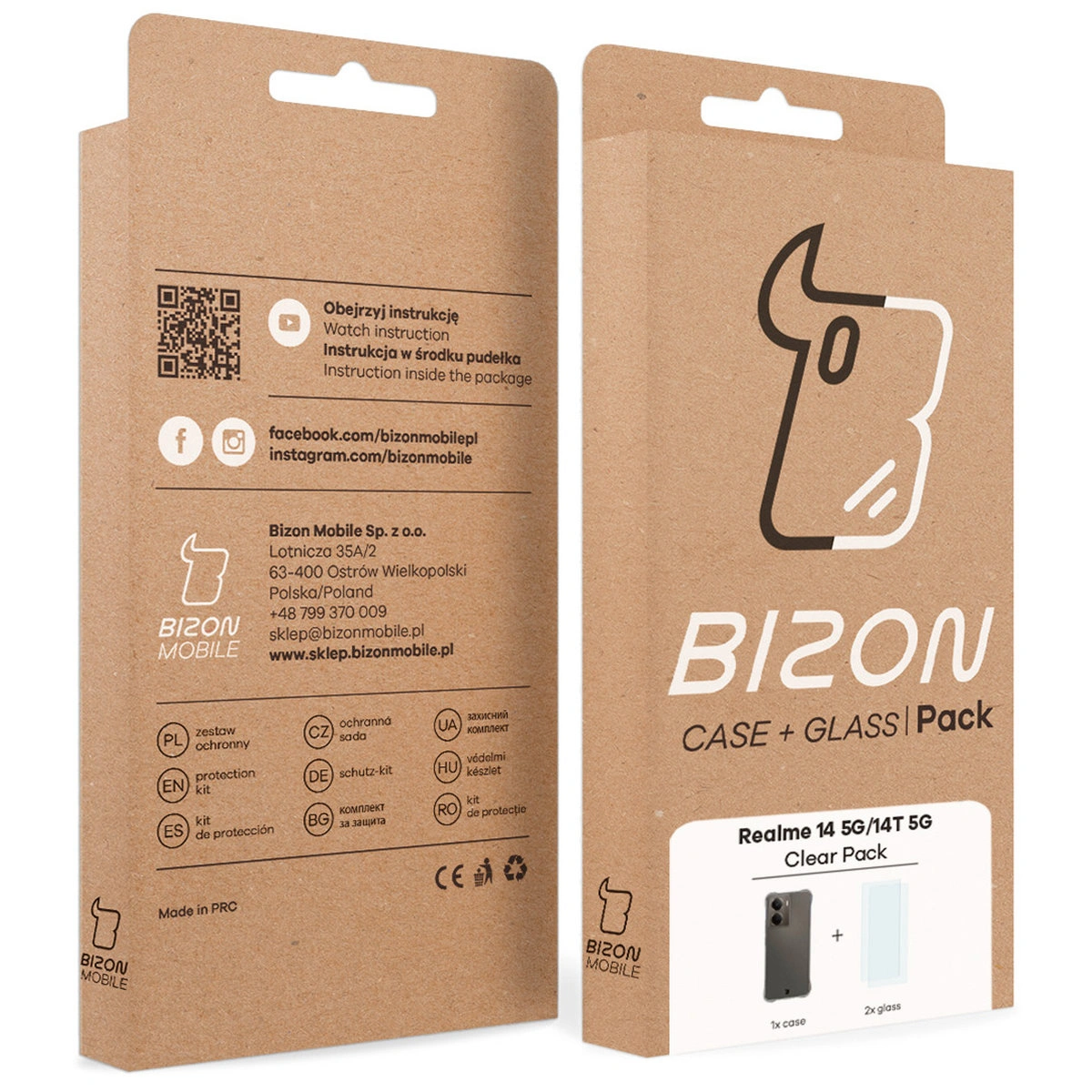 Kraftpapierbox Bizon Case+Glass mit dediziertem Etikett für Realme 14 5G / Realme 14T 5G