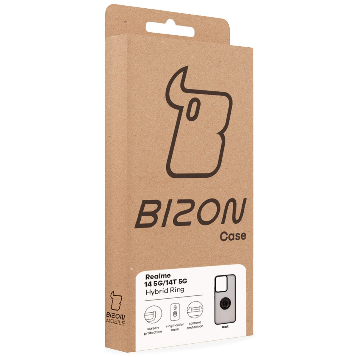 Front of the Bizon Case box with a dedicated label for Realme 14 5G / Realme 14T 5G