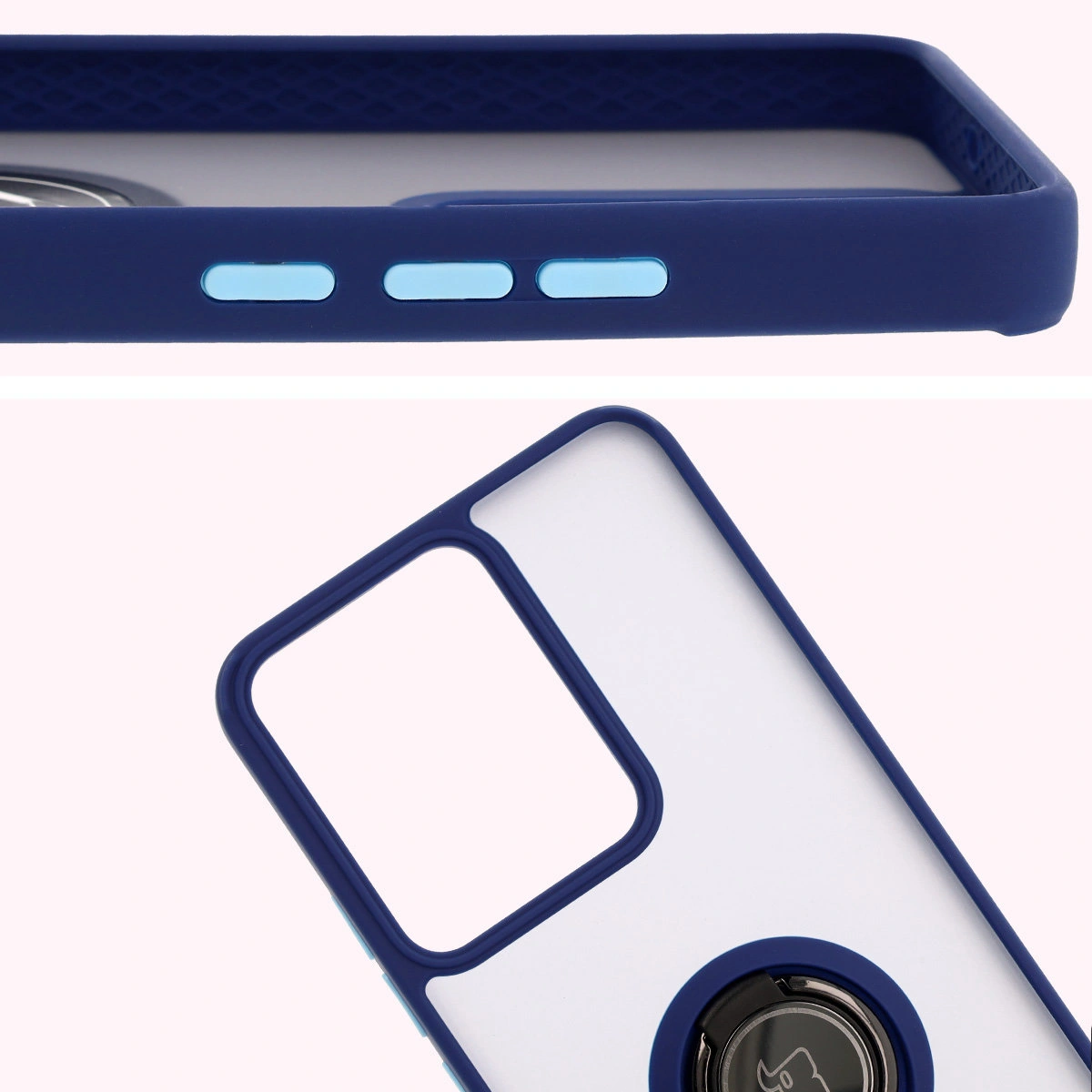 Nahaufnahme der erhöhten Kanten am Display und der Kamerainsel in der Bizon Hybrid Ring Hülle für Realme 14 5G / Realme 14T 5G