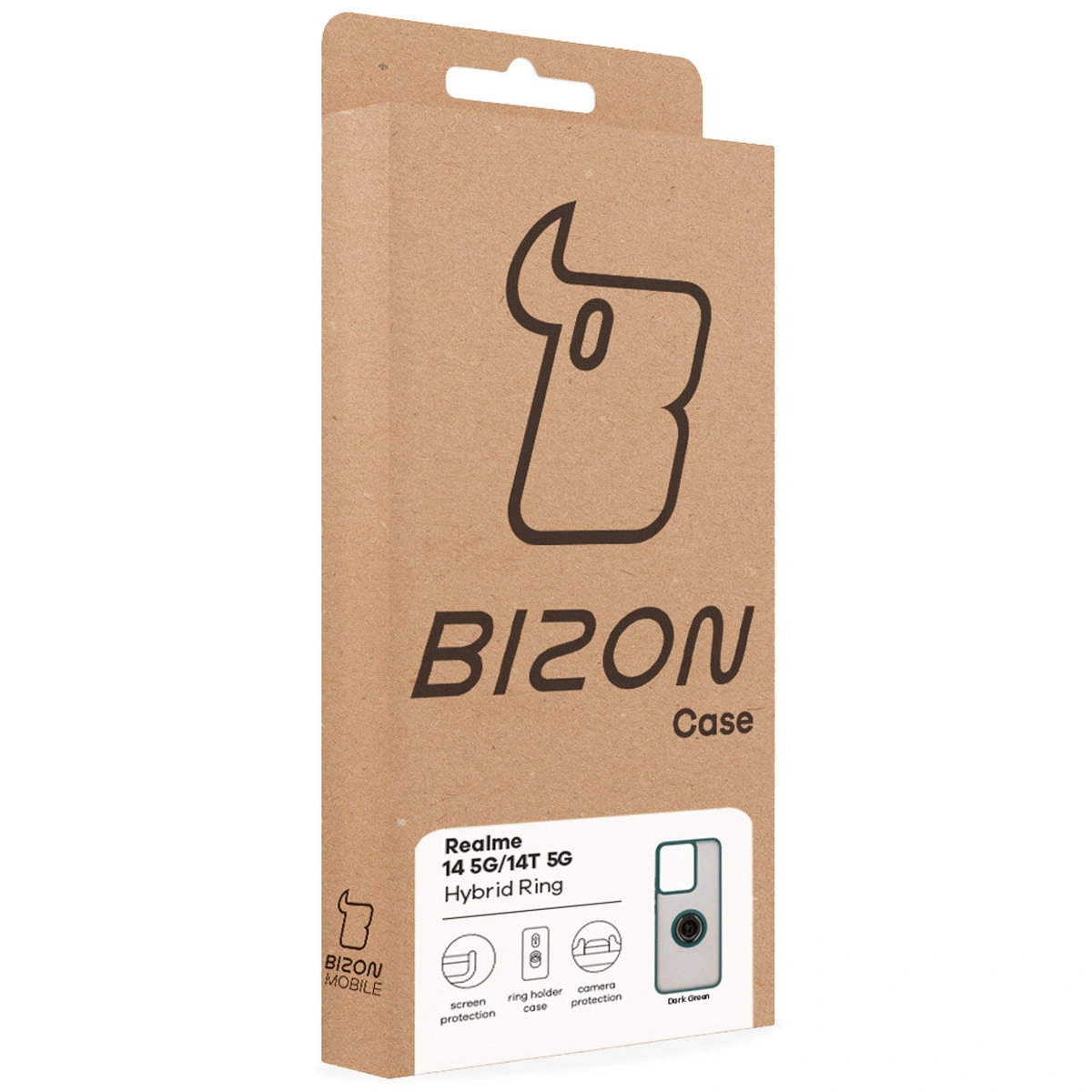 Front of the Bizon Case box with a dedicated label for Realme 14 5G / Realme 14T 5G