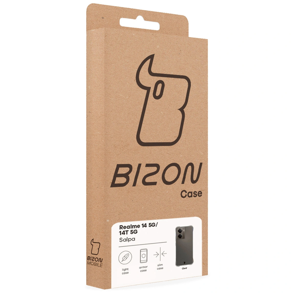 Vorderseite der Bizon Case Verpackung mit dediziertem Etikett für Realme 14 5G / Realme 14T 5G