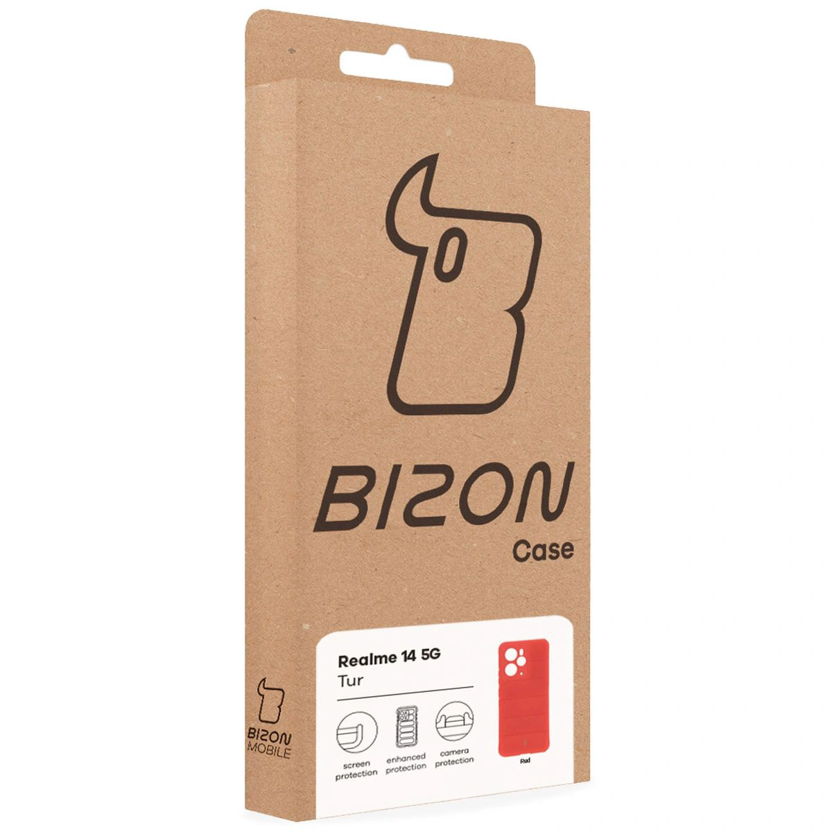 Przód pudełka Bizon Case z dedykowaną etykietą do Realme 14 5G