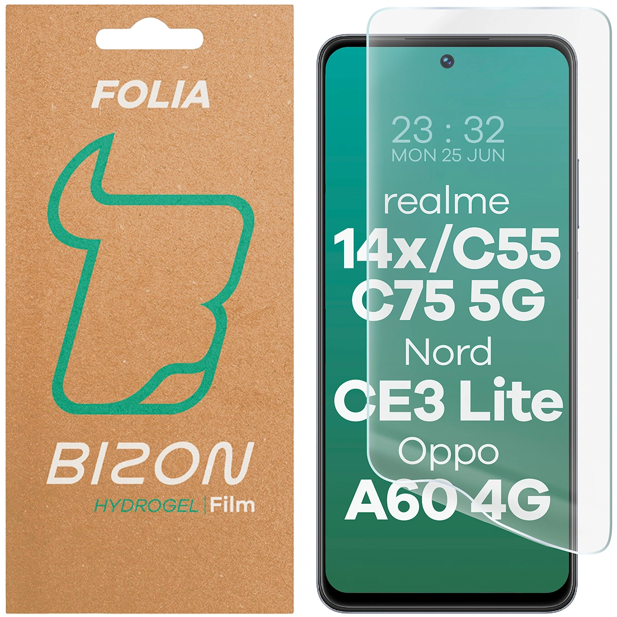 Verpackung und Hydrogel-Folie für den Bildschirm Bizon Glass Hydrogel Front für Realme 14x 5G / Realme C55 / Realme C75 / OnePlus Nord CE 3 Lite / Oppo A60 4G