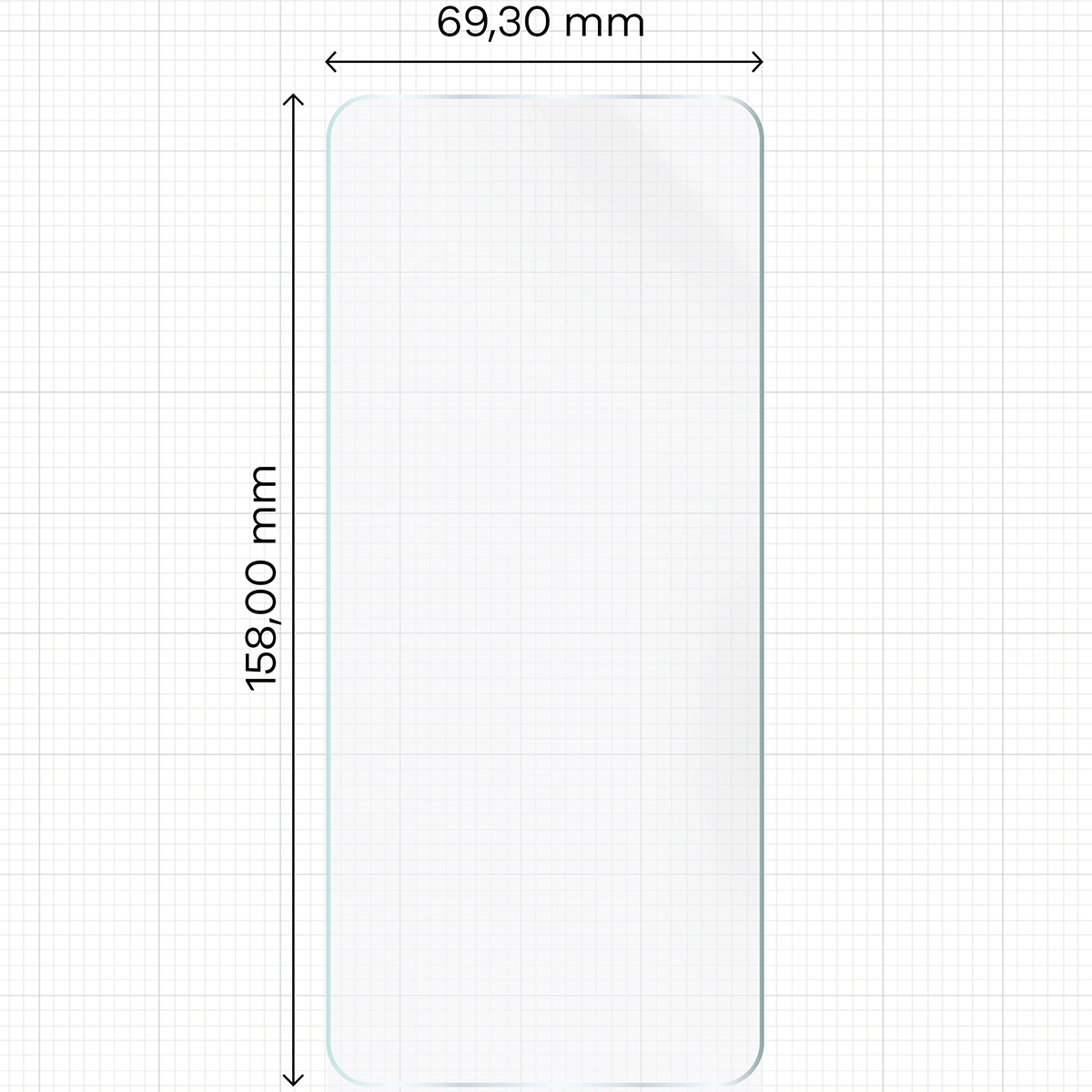 Maßstab mit den Abmessungen der Hydrogel-Folie Bizon Glass Hydrogel Front für Realme 14x 5G / Realme C55 / Realme C75 / OnePlus Nord CE 3 Lite / Oppo A60 4G