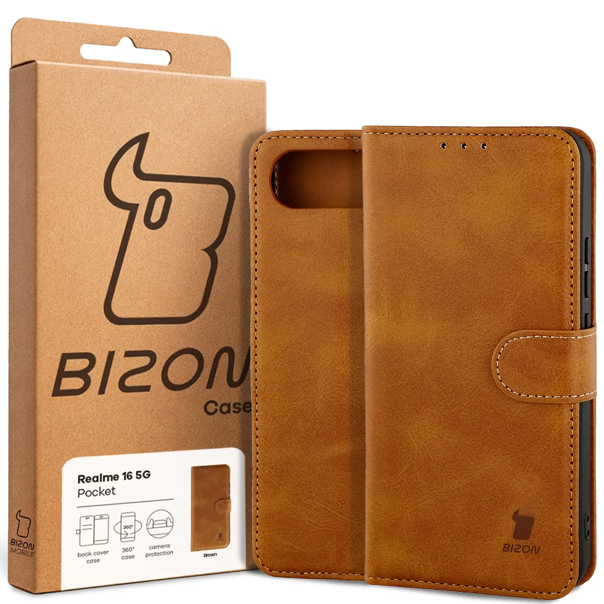 Front of the Bison Case box with a dedicated label for Realme 16 5G