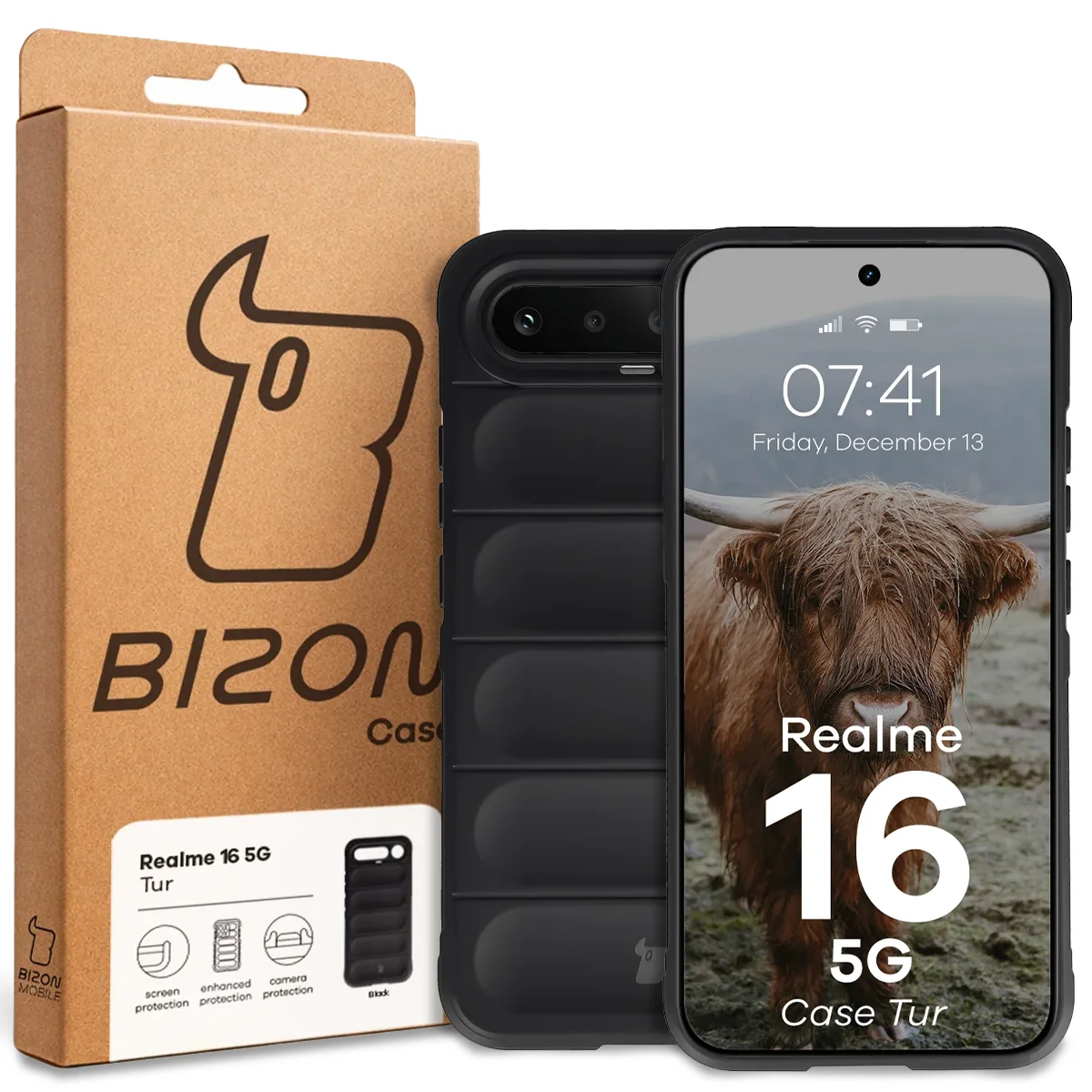 Front of the Bizon Case box with a dedicated label for Realme 16 5G