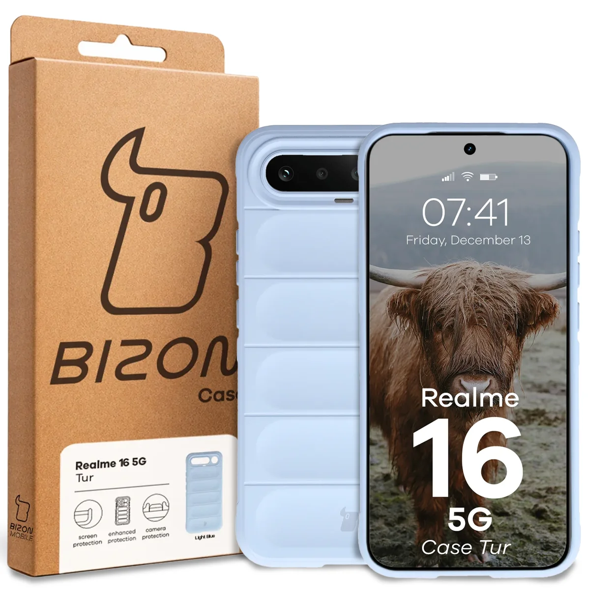 Front of the Bizon Case box with a dedicated label for Realme 16 5G
