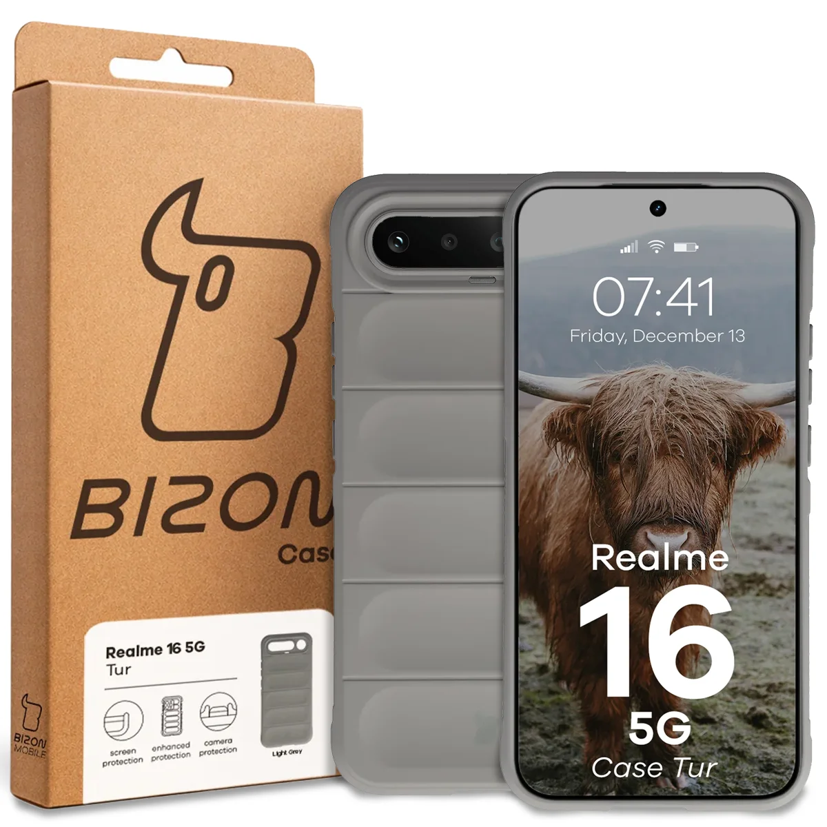 Front of the Bizon Case box with a dedicated label for Realme 16 5G
