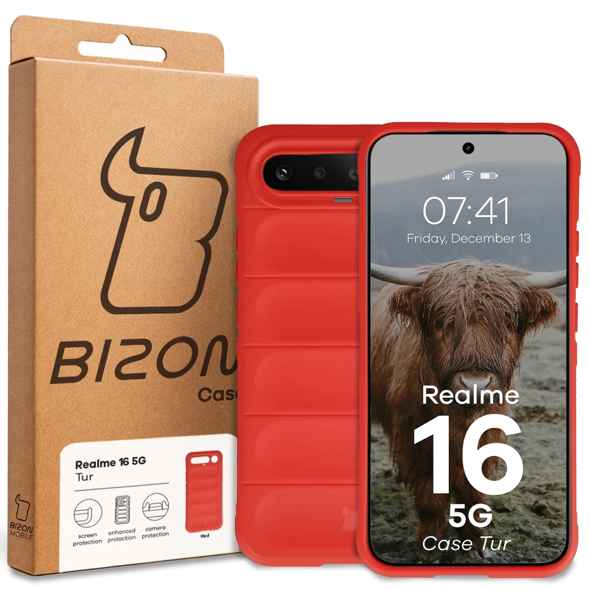 Front of the Bizon Case box with a dedicated label for Realme 16 5G