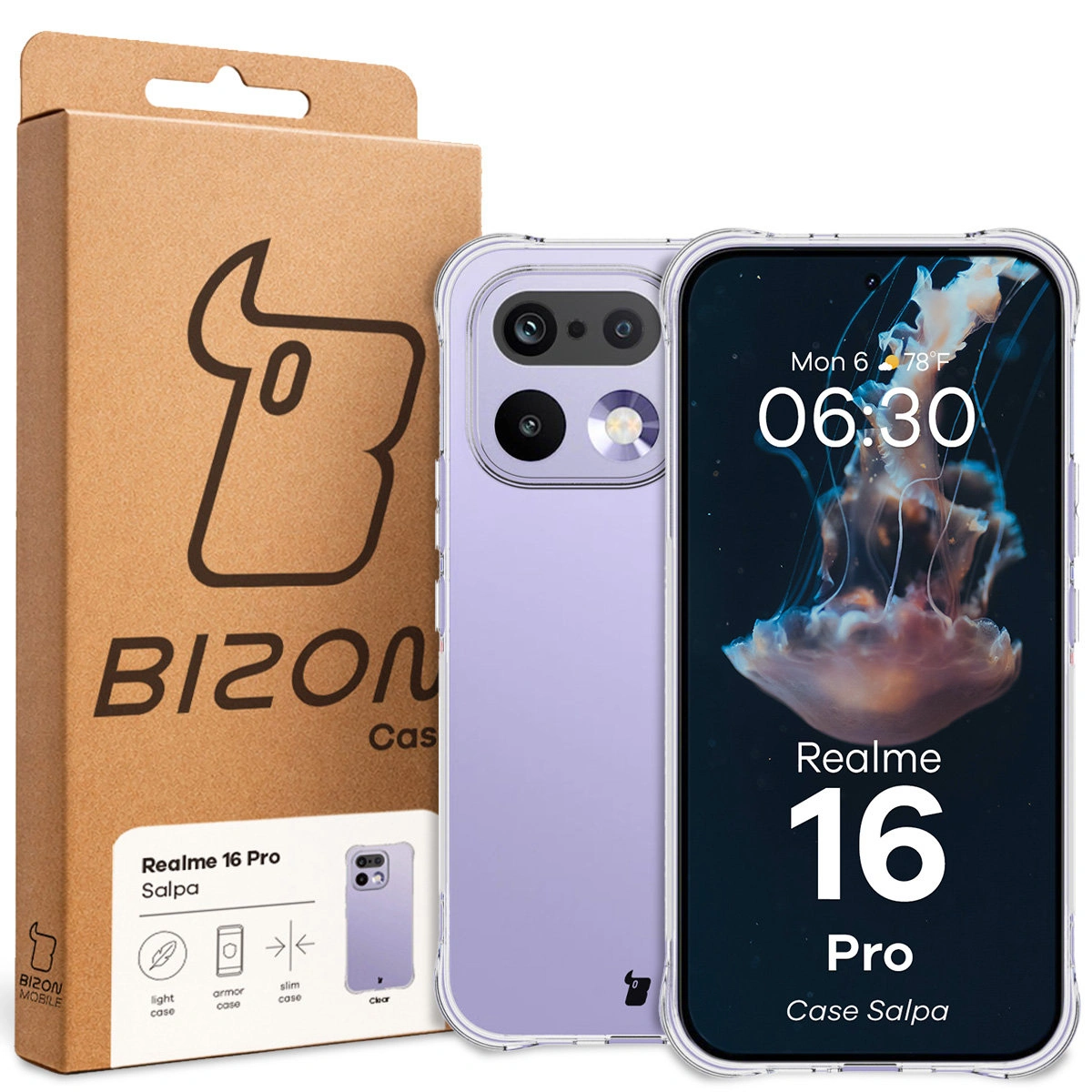 Front of the Bizon Case box with a dedicated label for Realme 16 Pro 5G