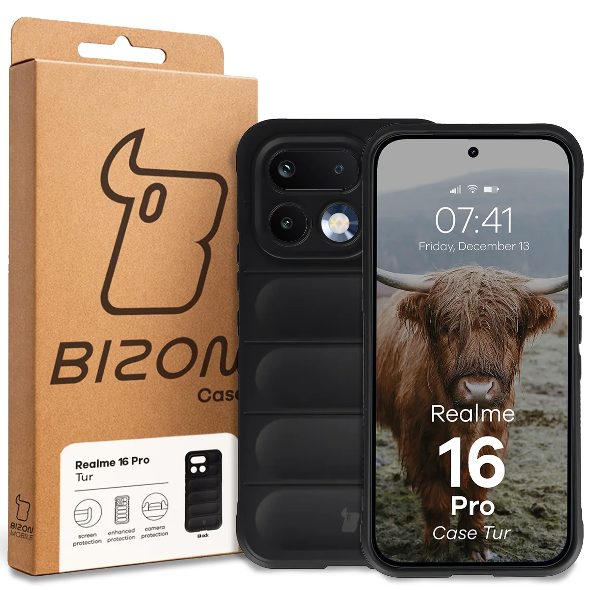 Front of the Bison Case box with a dedicated label for Realme 16 Pro 5G