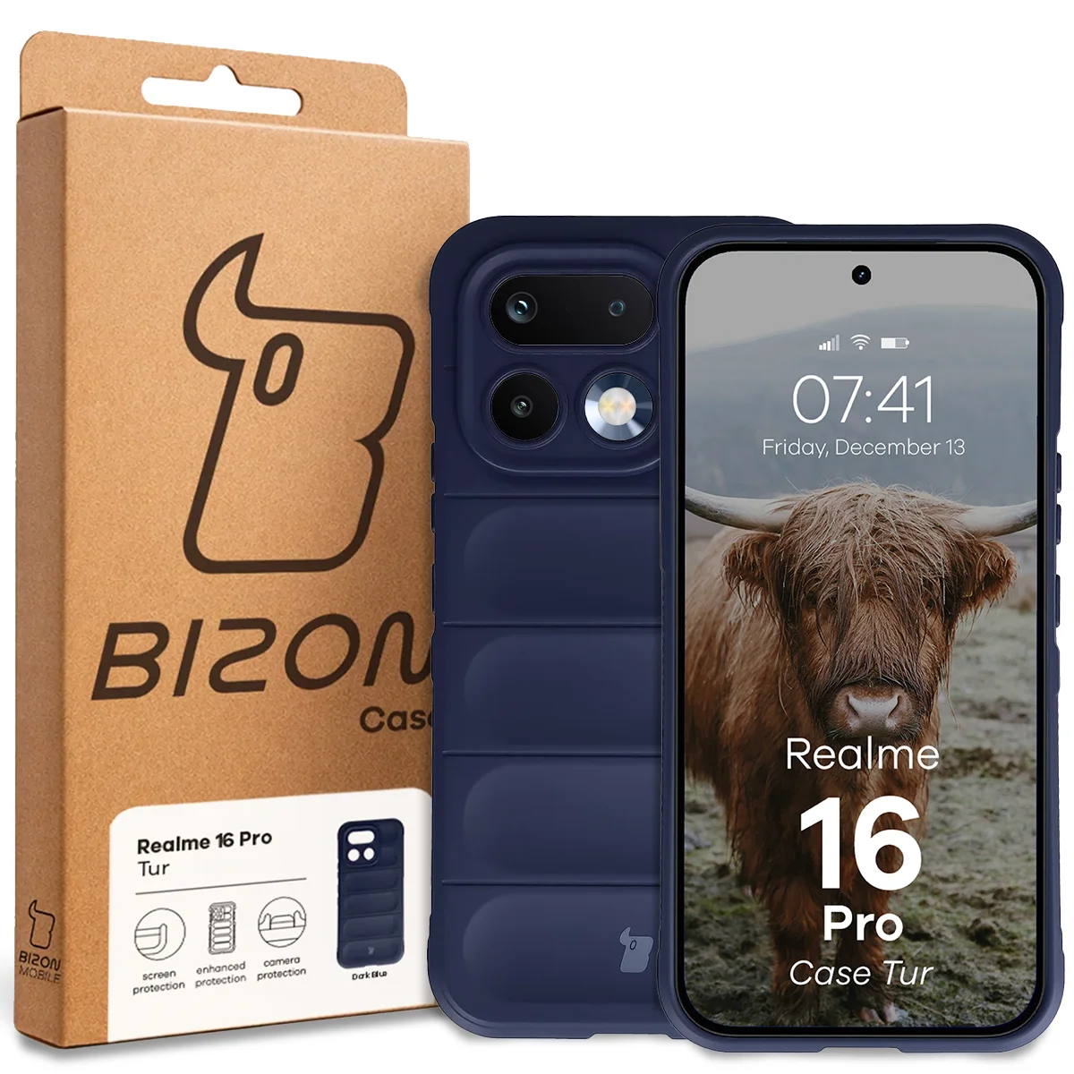 Front of the Bizon Case box with a dedicated label for Realme 16 Pro 5G