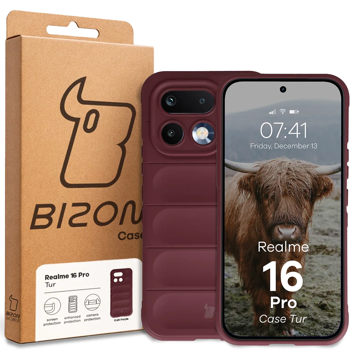 Front of the Bison Case box with a dedicated label for Realme 16 Pro 5G