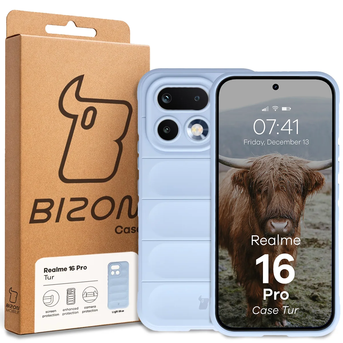 Front of the Bizon Case box with a dedicated label for Realme 16 Pro 5G