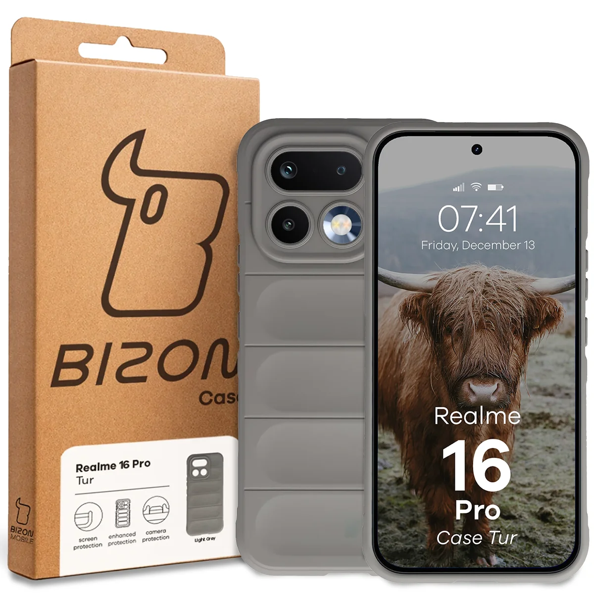Front of the Bizon Case box with a dedicated label for Realme 16 Pro 5G