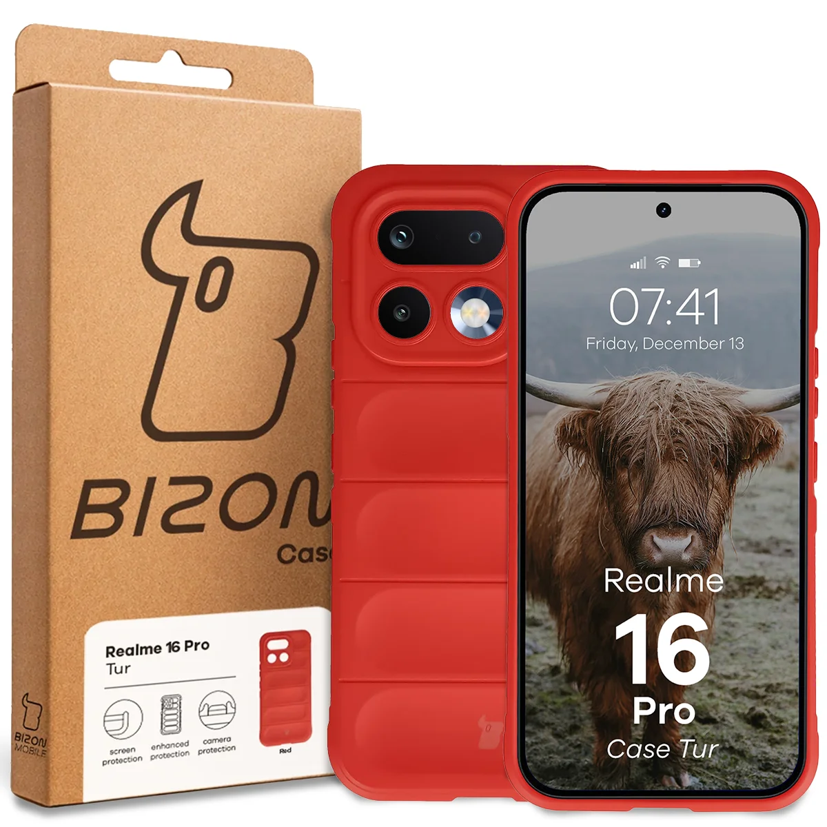 Front of the Bizon Case box with a dedicated label for Realme 16 Pro 5G