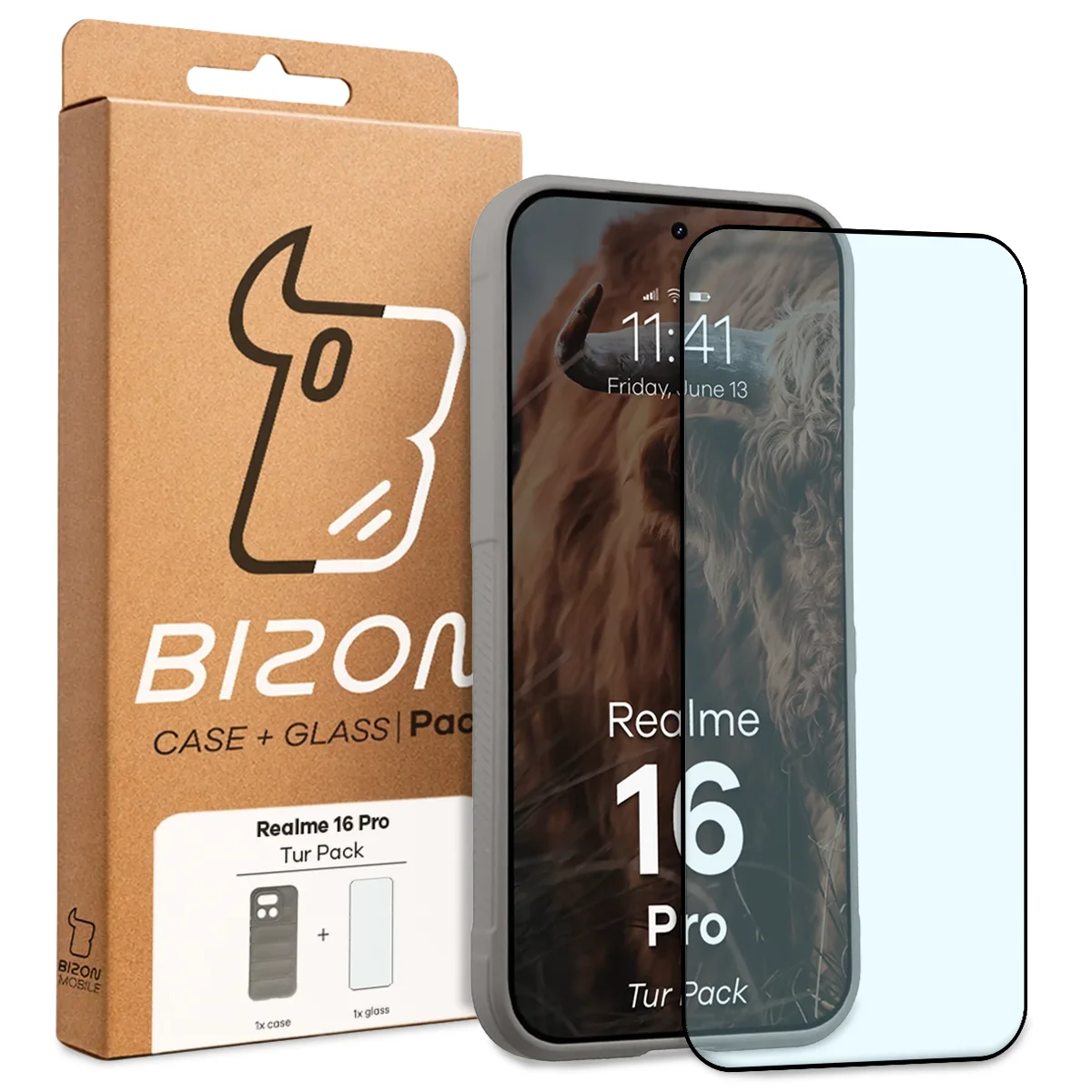 Front of the Bison Tur Pack box with a dedicated label for Realme 16 Pro 5G