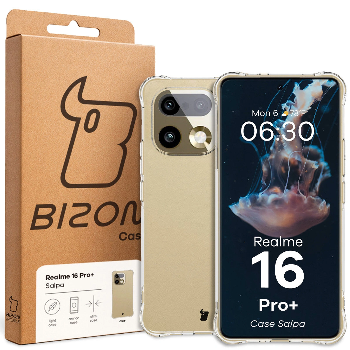 Front of the Bizon Case box with a dedicated label for Realme 16 Plus 5G