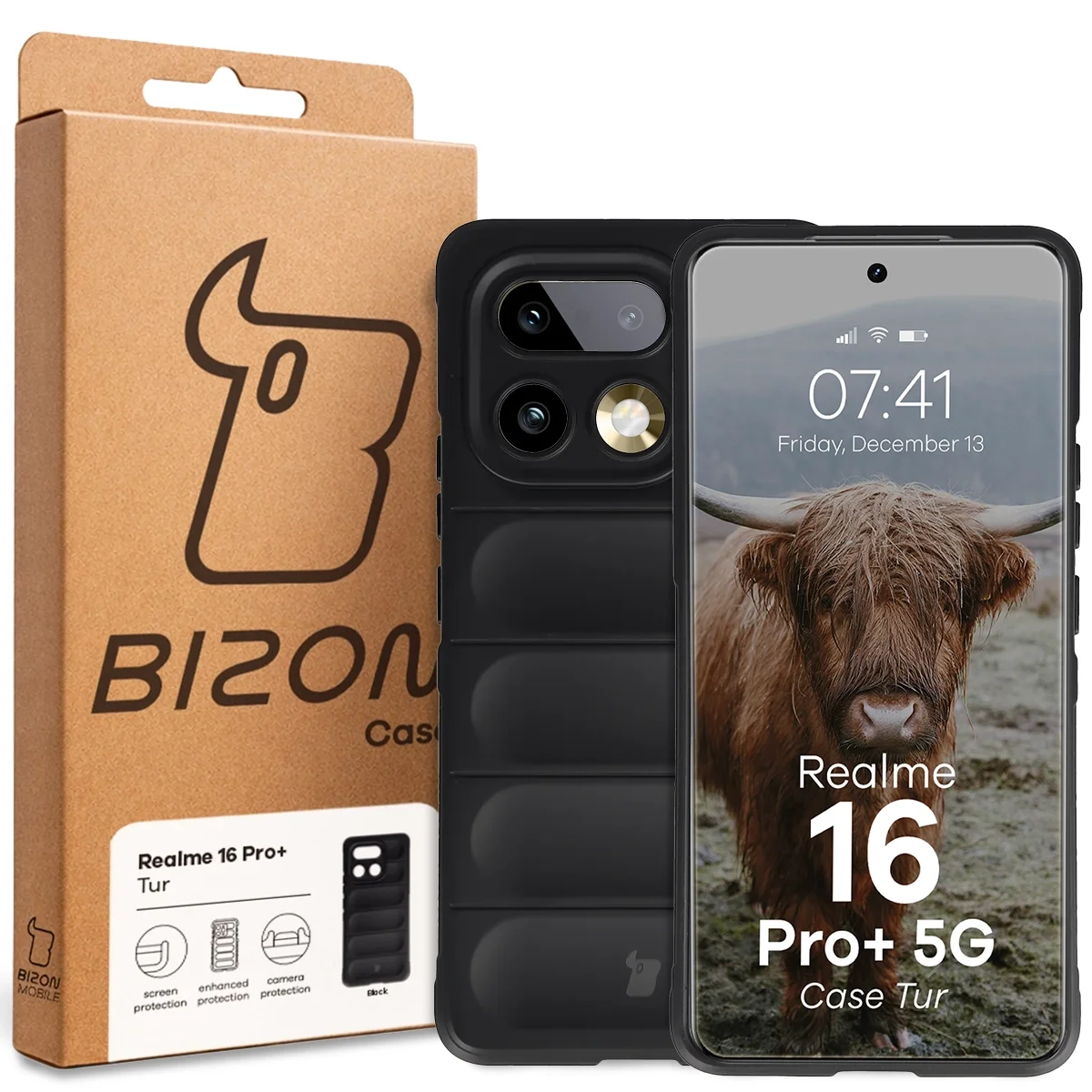 Przód pudełka Bizon Case z dedykowaną etykietą do Realme 16 Pro Plus 5G