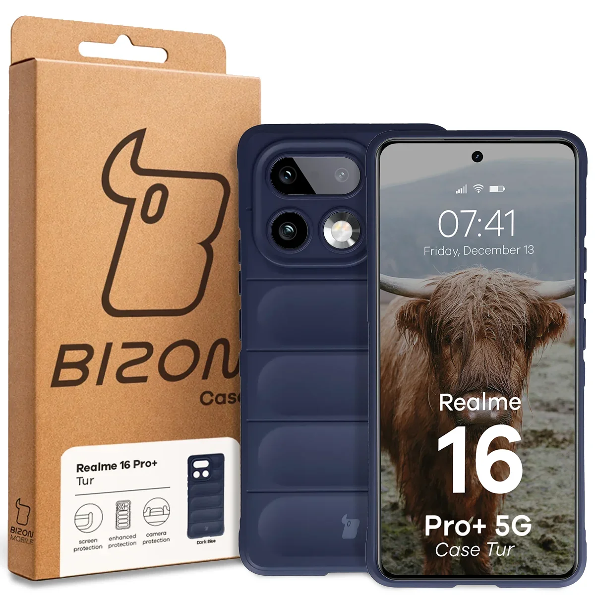 Przód pudełka Bizon Case z dedykowaną etykietą do Realme 16 Pro Plus 5G