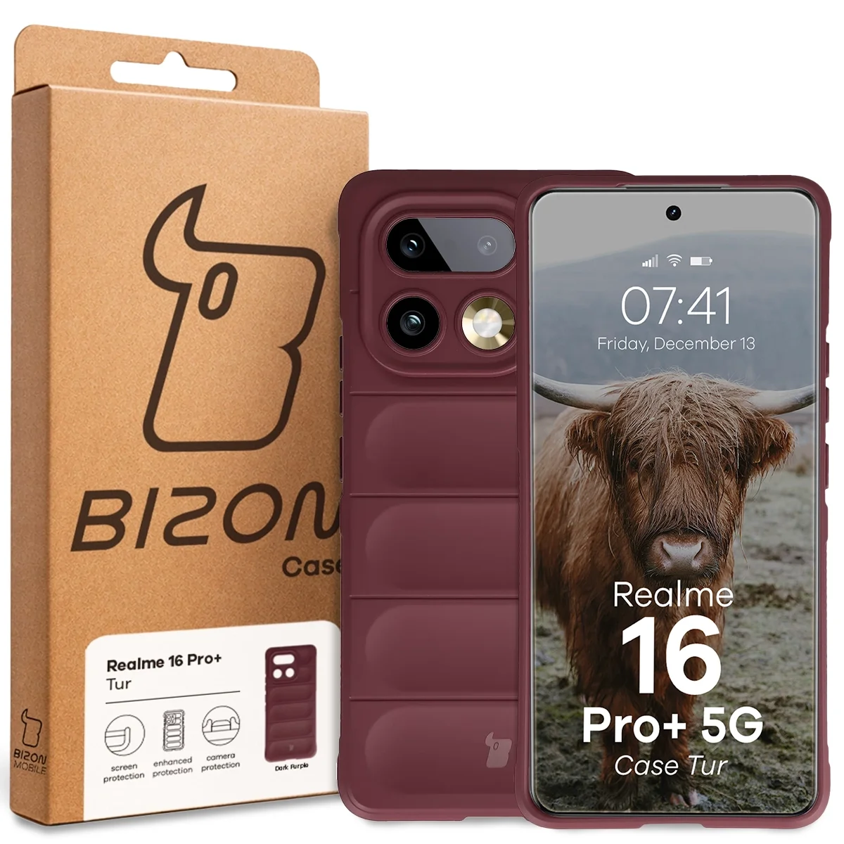 Przód pudełka Bizon Case z dedykowaną etykietą do Realme 16 Pro Plus 5G