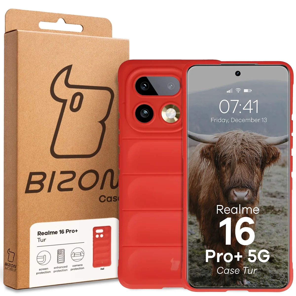Przód pudełka Bizon Case z dedykowaną etykietą do Realme 16 Pro Plus 5G