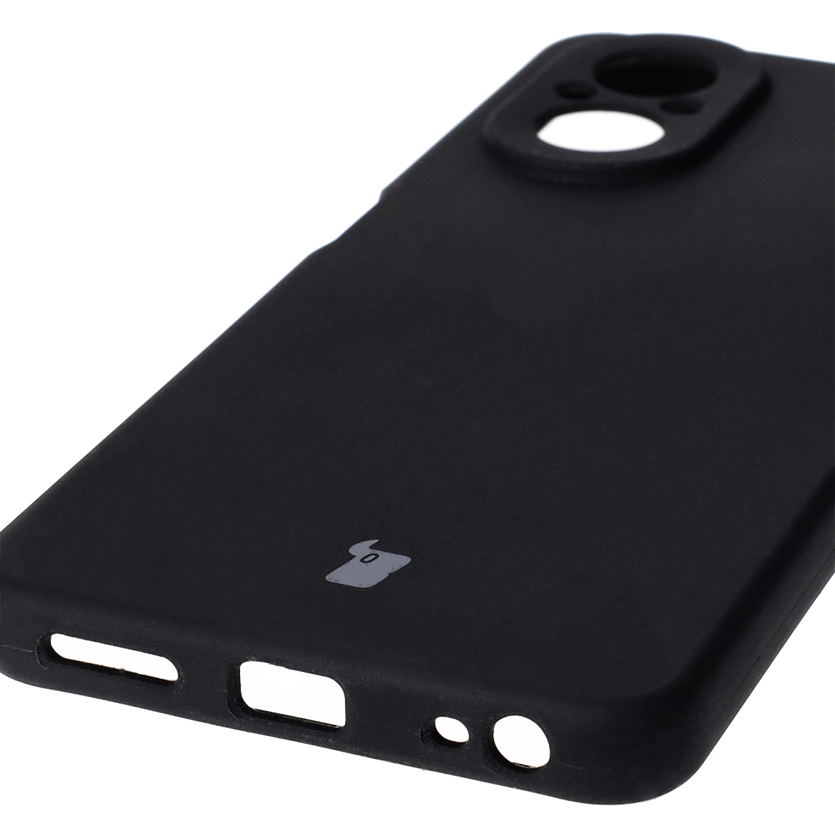 Close-up of precise cutouts and wireless charging capability in Bizon Soft Case