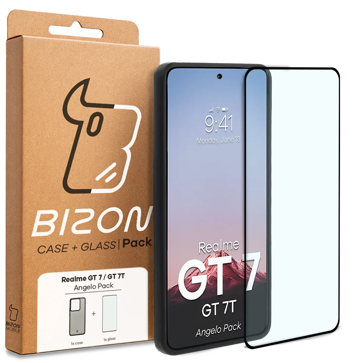 Przód pudełka Bizon Case Angelo Pack z dedykowaną etykietą do Realme GT 7 / Realme GT 7T