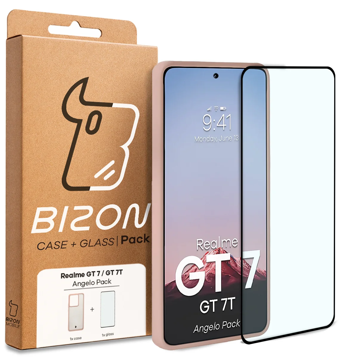 Przód pudełka Bizon Case Angelo Pack z dedykowaną etykietą do Realme GT 7 / Realme GT 7T