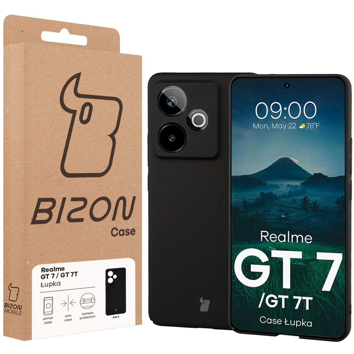 Front of the Bison Case box with a dedicated label for Realme GT 7 / Realme GT 7T