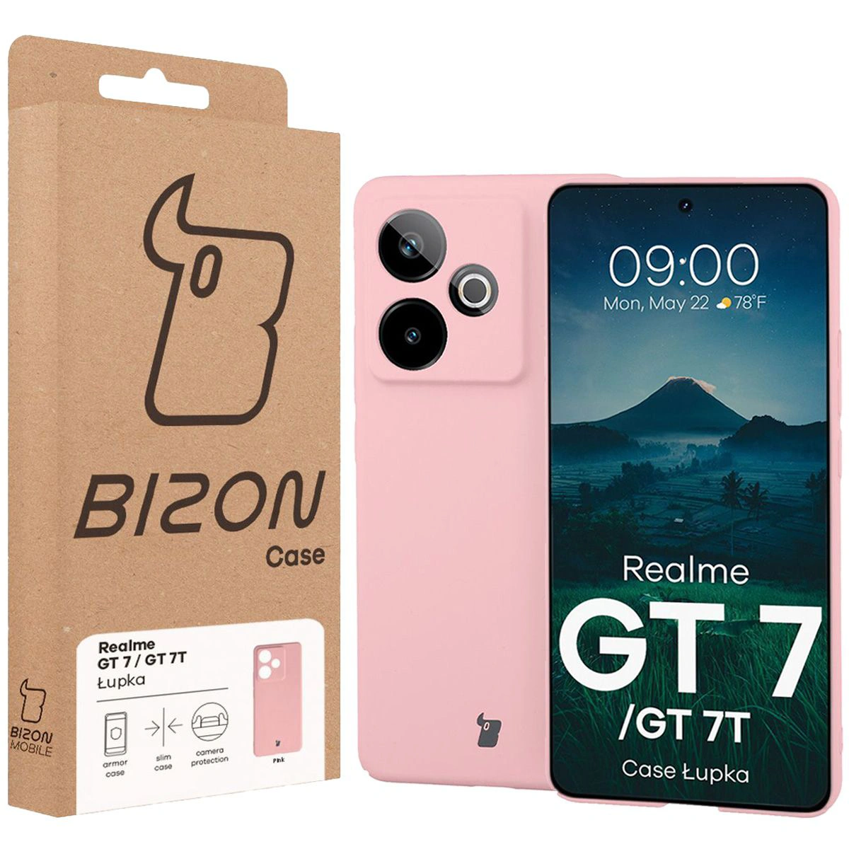 Front of the Bison Case box with a dedicated label for Realme GT 7 / Realme GT 7T